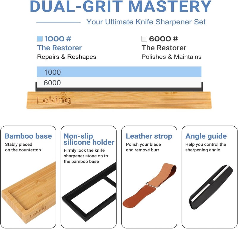 LeKing Professional Knife Sharpener & Sharpening Stone Set: 1000/6000 Grit Dual-Sided Whetstone(7"x2.4"x1.2") with Bamboo Base, Non-Slip Silicone Holder, Angle Guide & Leather Strop Kit - Image 2